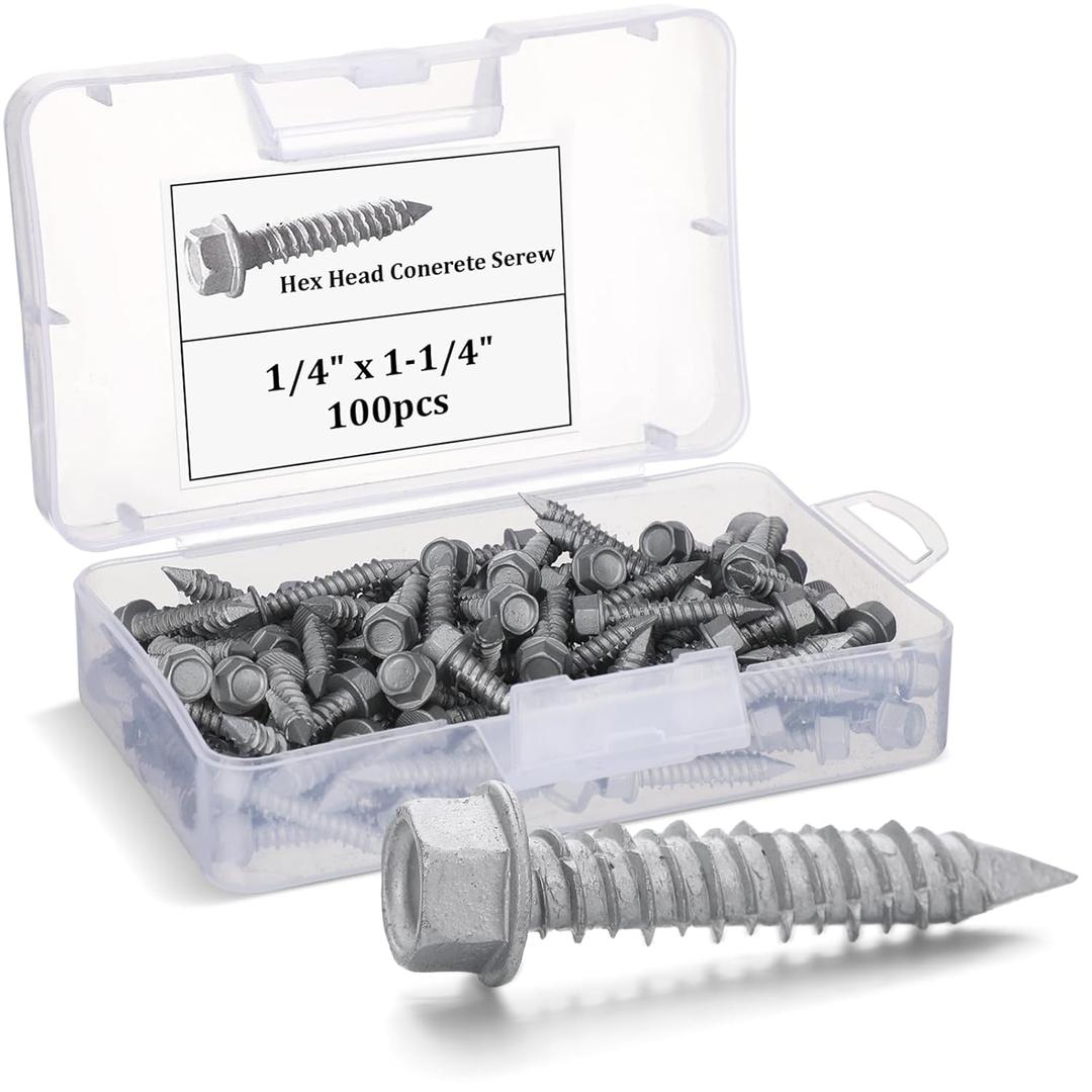 Tandefio 100 Pcs 1/4" x 1-1/4" 410 Stainless Steel Hex Concrete Anchor Screws Diamond Point Salt Fog Zinc Plated Silver Heavy Duty Anchors for Masonry Block Brick