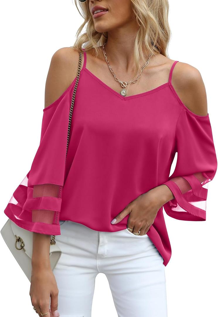 Jouica Womens Summer Cold Shoulder Tops Mesh Panel 3/4 Bell Sleeve Tees Adjustable Spaghetti Strap Loose Fit Shirts (Pink, S)
