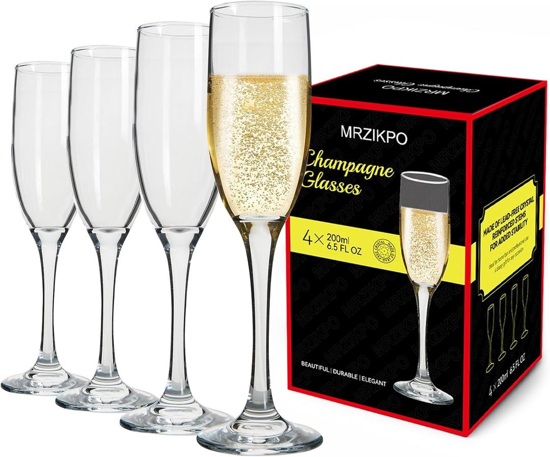 Champagne Glasses,Set of 4,Classic Shape,Hand Blown Elegant Unique Gift for Long stem Sparkling,Wine glasses for Wedding,Birthday Mothers Day-Ideal for Wine Tasting,Daily Use-6.5 oz,Clear