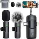 MENERESAS 3-in-1 Mini Microphone for iPhone: Wireless Lavalier Microphone with 80ft Range & 15H Battery - Noise Reduction Lapel Mic, Real-Time Monitoring for Video Recording Power Conditioners (Phantom black)