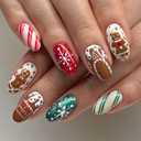 Christmas Press on Nails Short Almond Fake Nails with Gingerbread Man Design Snowflake Glue on Nails Green Red Glitter Stripes Stick on Nails Glossy Reusable Christmas Nails for Women Girls Manicure