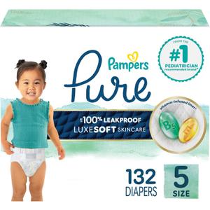 Pampers Pure Baby Diapers, Size 5 (27+ lbs), 132, Up to 100% Leakproof, Premium Hypoallergenic Soft Diapers