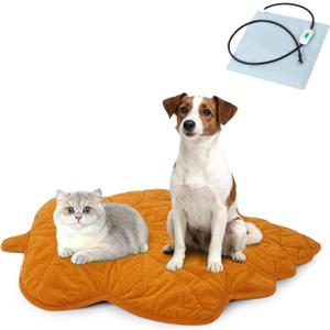 Vagascape Dog Bed, Waterproof Pet Bed with Washable Removable Cover, Comfort Cat Dog Pad for All Seasons, Heating Yellow Maple-Leaf Shape Cat Mat with Nonskid Bottom(35"x27")