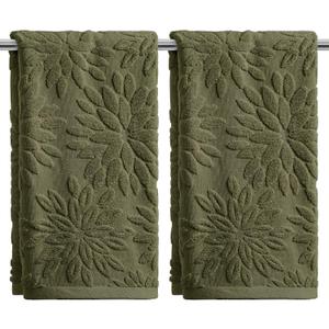 Artoid Mode 2 Pcs Olive Green 3D Dahlia Floral Jacquard Hand Towels for Bathroom, Cotton Soft Absorbent Bathroom Decor Towels, 13.7 x 29.5 Inch