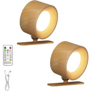 Rechargeable Wall Sconce with Remote & Touch, 360 Rotatable Battery Operated Wall Lights, 3-Color Dimmable, No Drill Adhesive, Ultra Long Battery for Bedroom ReadingWooden-2PC