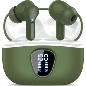Wireless Earbuds, Bluetooth 5.4 Headphones HiFi Stereo, Bluetooth Earbuds with ENC Noise Cancelling Mic, IP7 Waterproof in Ear Earphones, 48H, LED Display Ear buds for Pad Workout Sports, Retro Green