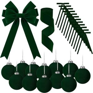 26 PCS Christmas Velvet Ornaments Decor Kit - Tree Toppers Bow, Ribbon, 12 Flocked Christmas Balls & 12 Vintage Bows for Green Holiday Xmas Tree Decorations (Green)