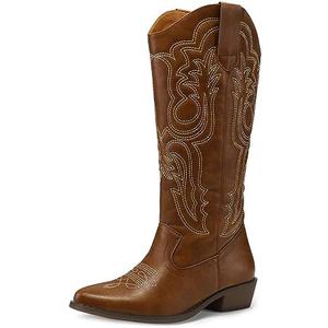 mysoft Women's Cowboy Boots Mid Calf Cowgirl Embroidered Western Pointed Toe Chunky Heel Pull On Knee High Boots 9_1.2