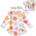 Renotemy Infant Baby Girls Swimsuit Toddler Bathing Suit Long Sleeve Zipper One-Piece Rash Guard Ruffle Swimwear with Hat (6-12 Months, White Floral)