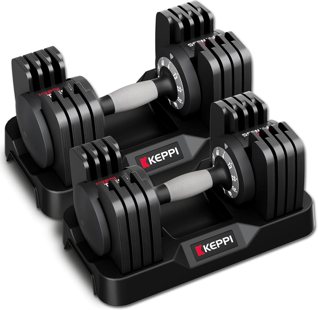 Keppi Adjustable Dumbbells Set-25lb/40lb/55lb/60lb, Anti-Slip Metal Fast Adjust Weight Handle, Exercise & Fitness for Full Body Workout - Adjustable Dumbbell Series