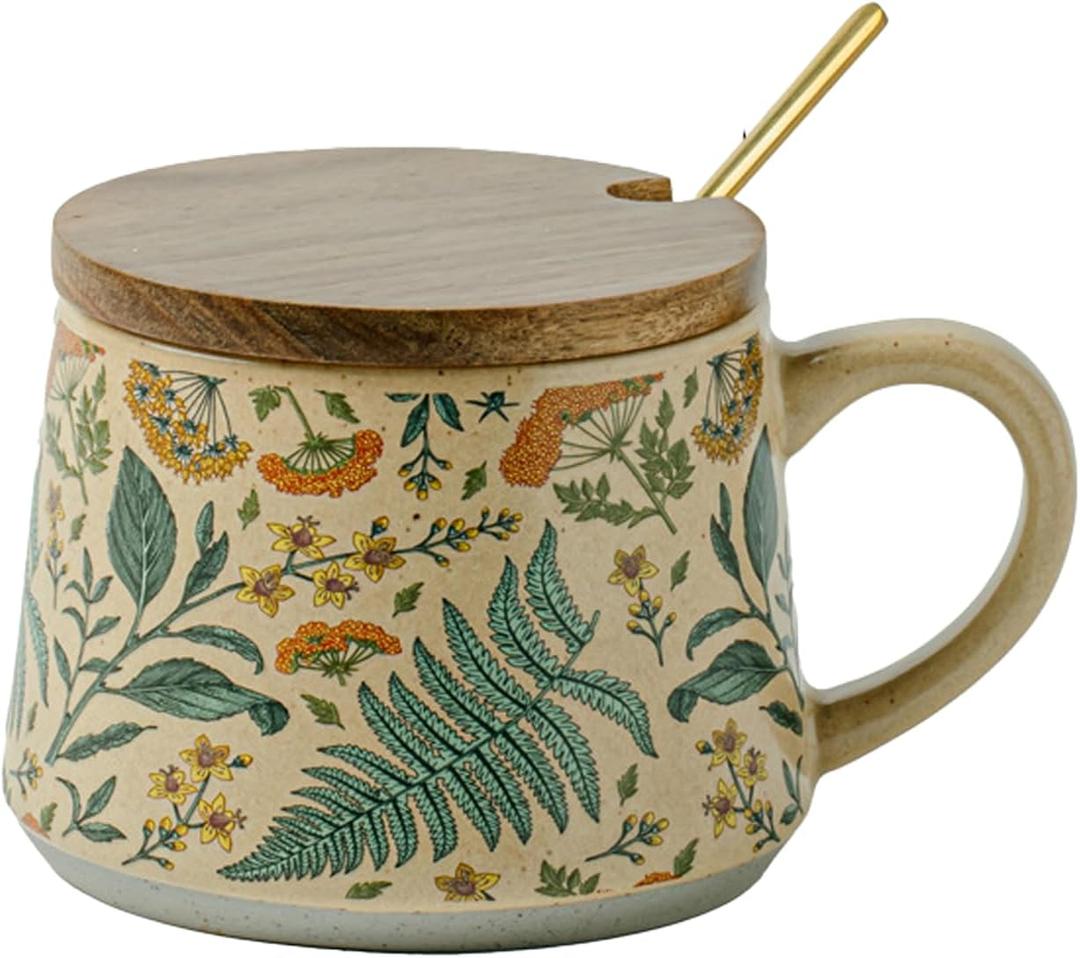 13oz Cute Ceramic Coffee Mugs, Individually Handmade Floral Pottery Cup, Microwave Safe Vintage Drinkware Gifts for Women (Summers Whisper with Lid and Spoon)