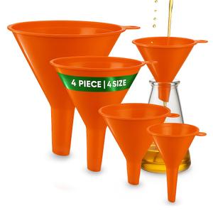 Oil Funnel Set (Orange, 4-Pack) Plastic Funnels for Automotive Use Funnels for Kitchen Use Filling Bottles and containers Funnel for Water Bottles, Gas, Car Oil, Lubricants and Fluids