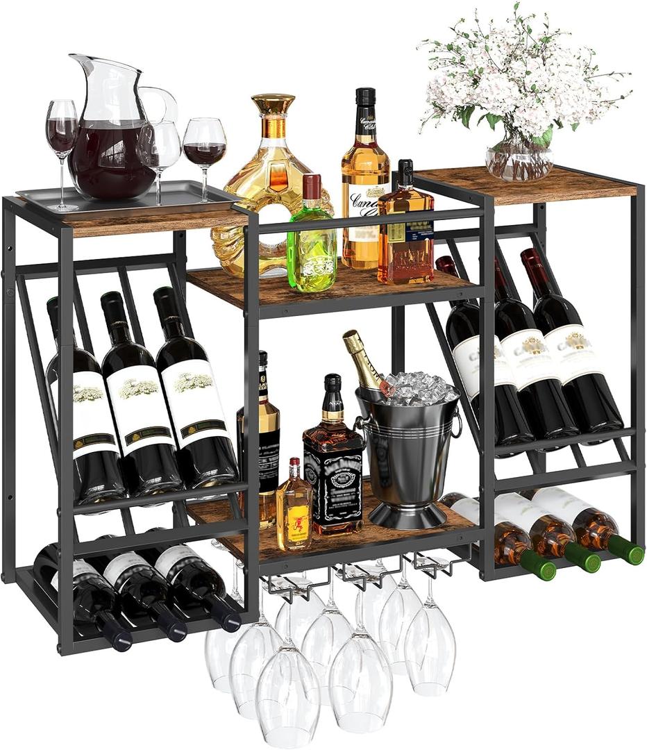 HOOBRO Wine Rack Wall Mounted, 3 Tier Wall Wine Rack with Glass Holder, Wine Bottles Display Storage Shelf, for Home Bar Dining Room, Kitchen, Living Room, Rustic Brown and Black BF23BJ01 HOOBRO Wine Rack Wall Mounted, 3 Tier Wall Wine Rack with Glass Holder, Wine Bottles Display Storage Shelf, for Home Bar Dining Room, Kitchen, Living Room, Rustic Brown and Black BF23BJ01