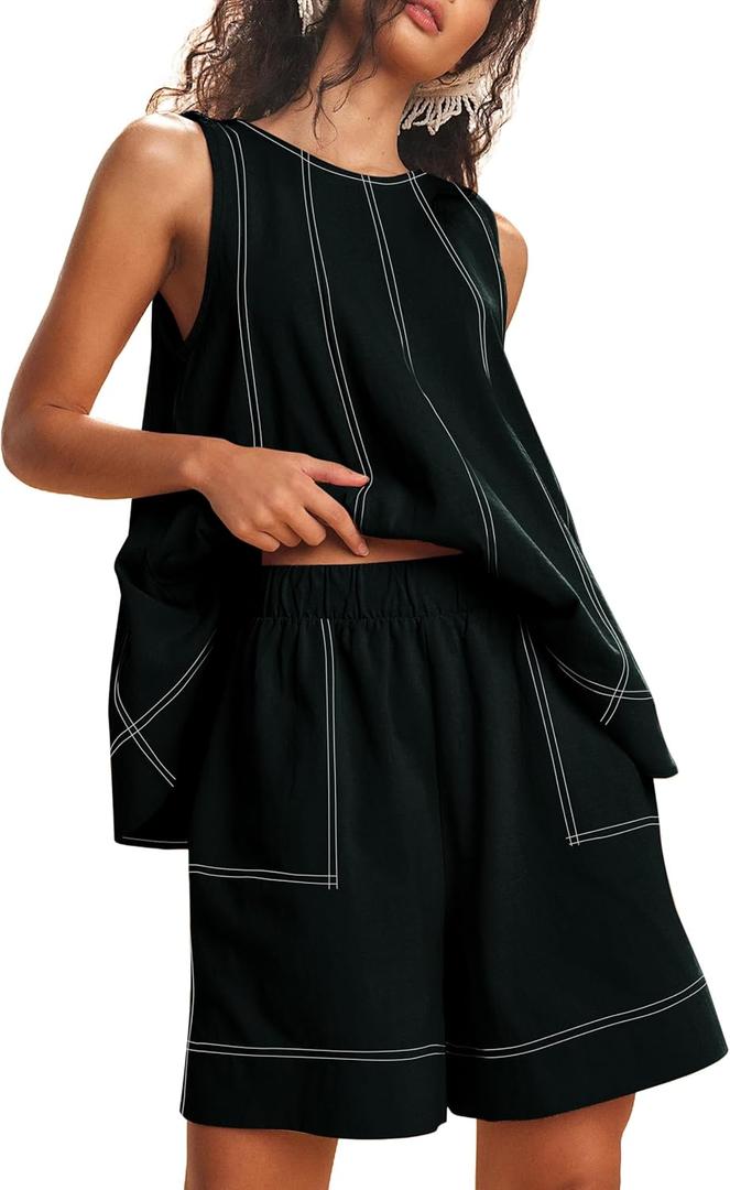 TERIVEEK Women Two Piece Summer Outfits Lounge Set Casual Loose Sleeveless Tunic Tops and Shorts with Pockets Tracksuit Set (Small, Black)