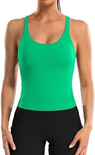 ATTRACO Women Ribbed Workout Crop Tops with Built in Bra Yoga Racerback Tank Top Tight Fit L, Green 