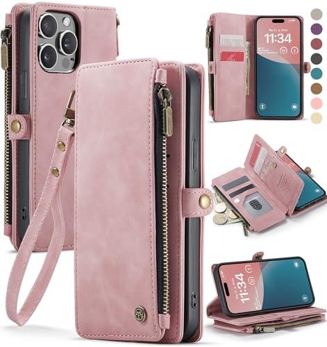 Defencase Compatible with iPhone 15 Pro Case Wallet with RFID Blocking Card Holder for Women Men, PU Leather Magnetic Snap Flip Zipper Strap Wallet Phone Case Fit for iPhone 15 Pro 6.1", Rose Pink
