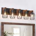 5-Light Farmhouse Bathroom Vanity Light, Wood Bathroom Lighting Fixtures Over Mirror, Black Bathroom Light Fixtures with Cage Metal Shade, Rustic Vanity Light for Bathroom, Hallway