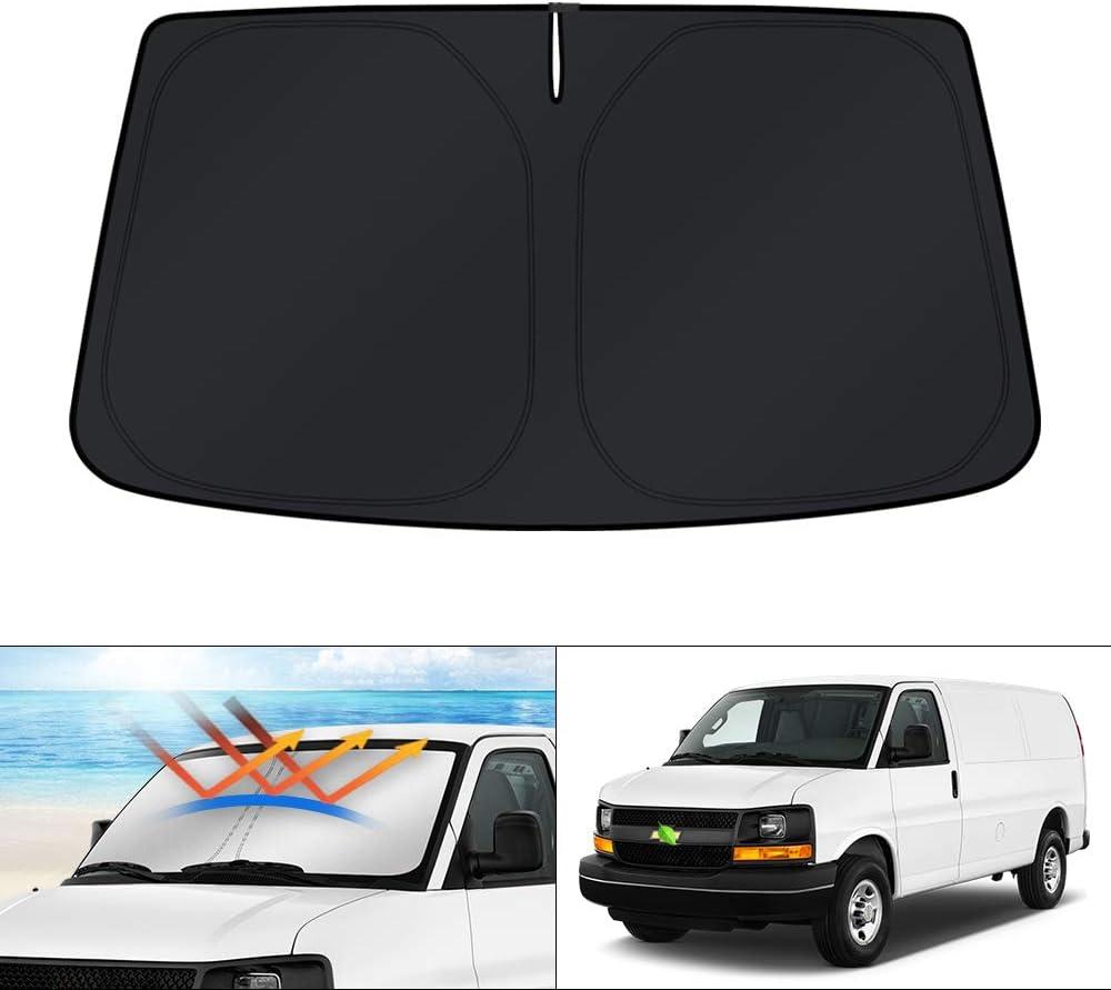 KUST Windshield Sun Shade for 1996-2025 2026 Chevrolet Express Accessories Cargo Van Custom Fit Sunshade for Chevy Express Sun Visor Protector Foldable Blocks UV Rays Keep Car Cooler