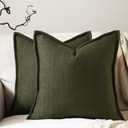 DEZENE 18x18 Linen Pillow Covers Olive Green Pack of 2 Farmhouse Boho Neutral Accents Striped Textured Square Decorative Throw Pillow Cases for Living Room Couch Bed Home Decor