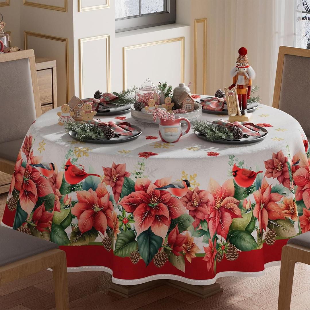 XCHI Poinsettia Cardinal Birds Winter Tablecloth Round Christmas Table Cloth Washable Table Covers for Indoor Dining Home Party Xmas Decorations 60x60 Inch