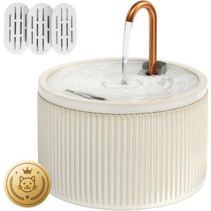 DOOOB Ceramic Cat Water Fountain, 2.1L/71oz Ceramic Cat Fountains, Automatic Pet Water Fountain for Cats, Pet Water Fountain with Ultra-Quiet Pump and 3 Filters & 3 Sponges (Beige)