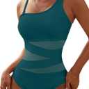 Blooming Jelly Women's Sexy One Piece Bathing Suits One Shoulder Swimsuits Slimming Mesh Swimwear (Teal Green)