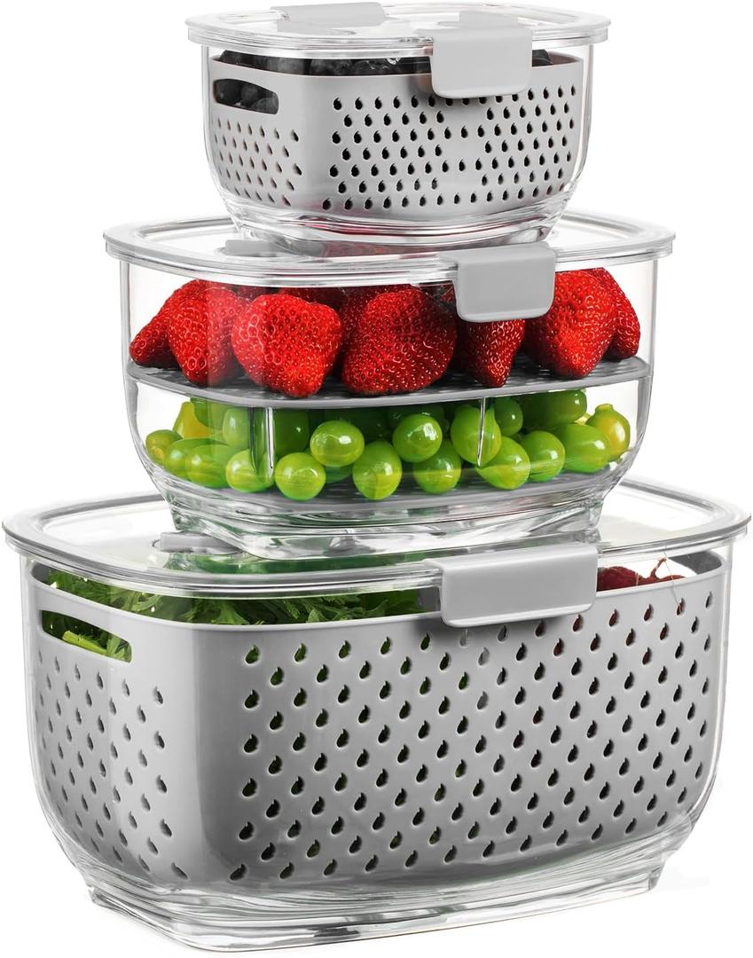 LUXEAR Fresh Produce Vegetable Fruit Storage Containers 3Piece Set, BPA-free Fridge Storage Container, Partitioned Salad Container, Fridge Organizers, Used in Storing Fruits Vegetables, Gray (Grey Clear)