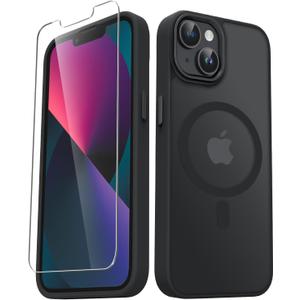 for iPhone 14 Case, iPhone 13 Case, with 1 Screen Protector, Matte Magnetic Slim Phone Cover, Support for Magsafe, Shockproof Protection Translucent Frosted Back,Black