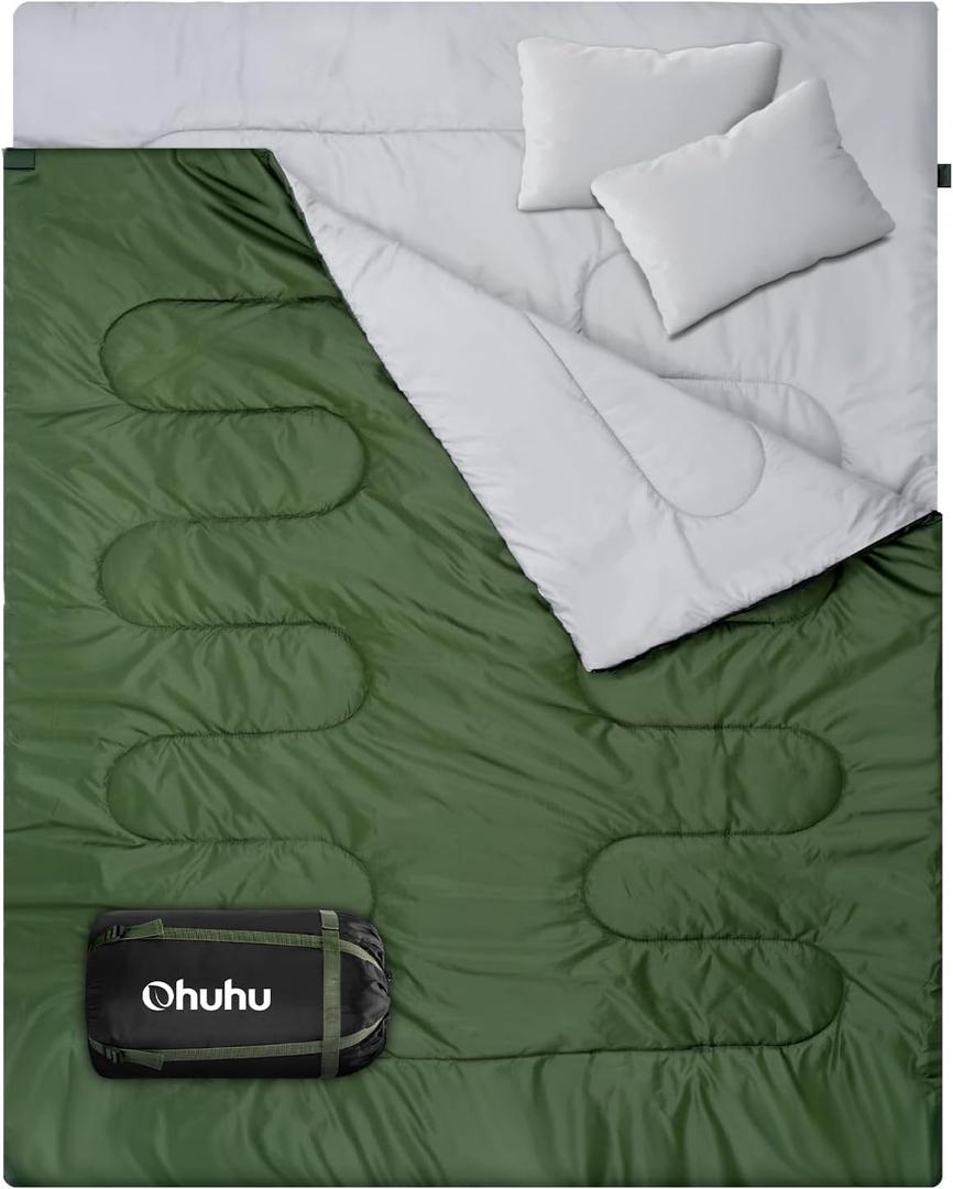 Ohuhu Double Sleeping Bag: Queen Size 2 Person 3 Season for Warm & Cold Weather Camping Sleeping Bag with 2 Pillows, Large Size 87'' x 60'' Waterproof Lightweight (Green)
