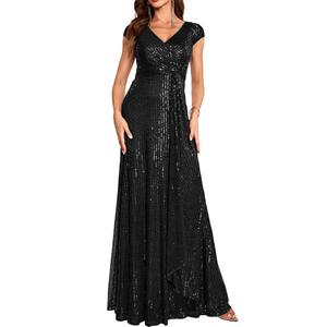 Meilun Short Sleeve Sequin Dress for Women Formal Evening Gowns Sparkly V Neck 1920s Long Dress Size XL