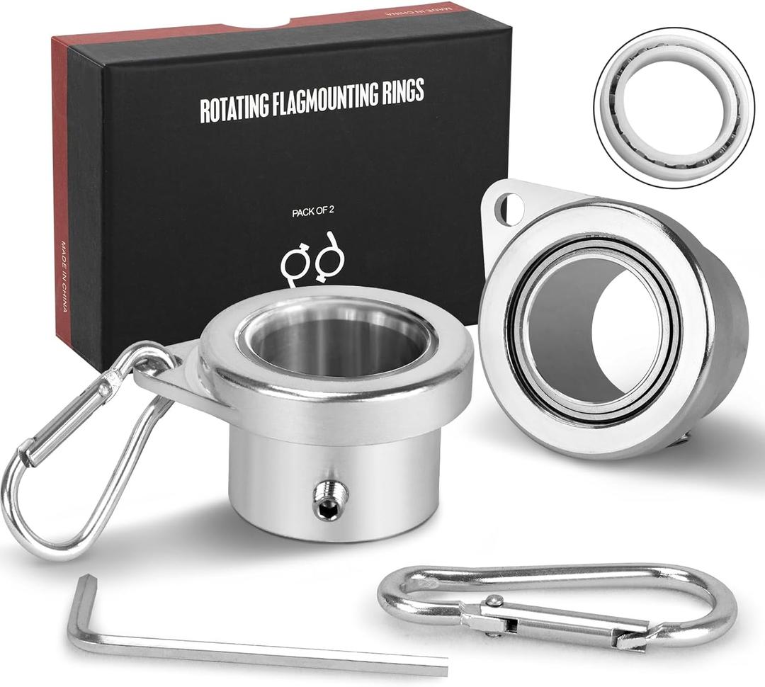 FLAG WIN Aluminum Alloy Flagpole Ring Set with Plastic Bearings 2 Pack, Anti Wrap 360Rotating Flag Mounting Ring Spinning Flag Pole Kit with Carabiner for 0.71-1.00 Inch Diameter Flagpole(Silver)