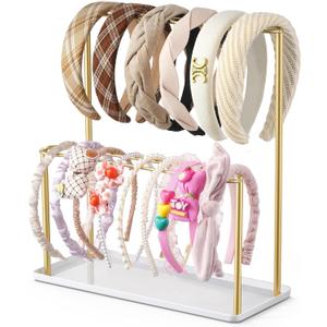 Headband Holder Organizer Metal 2-Tier with Tray: Hair Accessories Display Stand Storage Hairband Rack Necklace Stand Home Bedroom for Girls Women, Gold