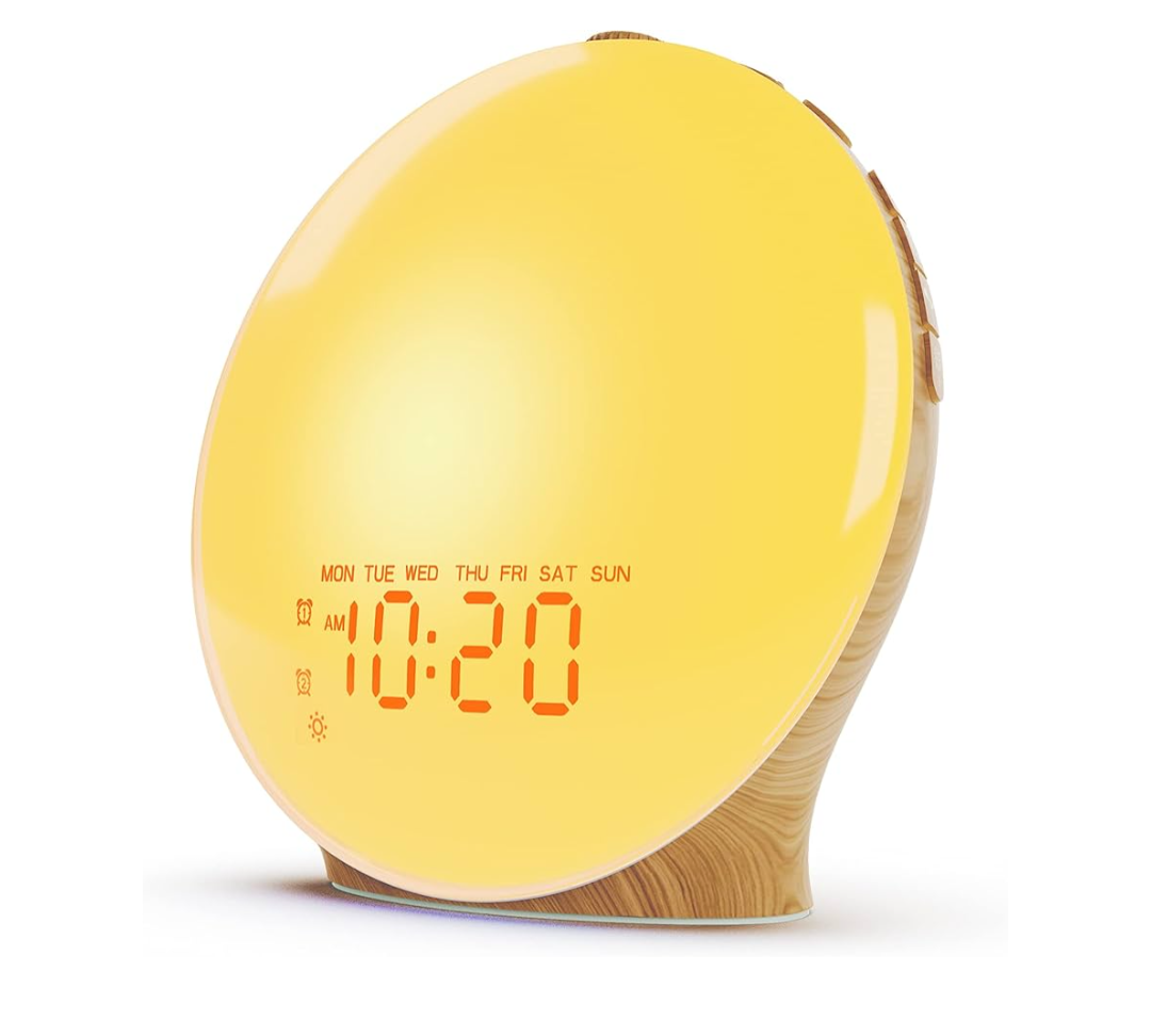 JALL Wake Up Light Sunrise Alarm Clock for Kids, Heavy Sleepers, Bedroom, Full Screen with Sunrise Simulation, Dual Alarm, FM Radio, 15 Nightlights, 8 Sounds, Sleep Timer, Wood Grain