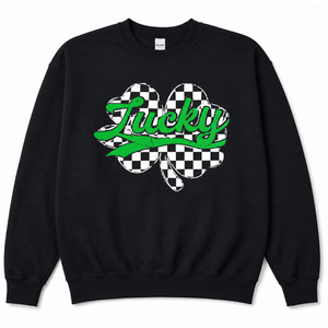 Retro Checkered St Patricks Day Lucky Shamrock Coquette Bow Sweatshirt, Size Small