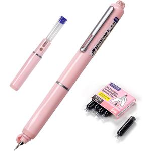 WRITECH Retractable Fountain Pen Set: Black Ink Fine Nib, 5 Refillable Ink Cartridges Included, No Leaking Smooth Writing for Calligraphy Journaling Gift (Pink)