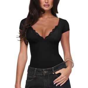 REORIA Womens Deep V Neck Bodysuit Double Lined Lace Bodysuit Short Sleeve Backless Top Sexy Going Out Outfits (Black), XL