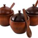 3 Pack Wood Salt Box Spice Jar, Natural Wooden Salt Cellar with Lid and Spoon, Sugar Bowl Pepper Seasoning Container Holder Keeper for Kitchen, Serving, Condiment, Japanese Style