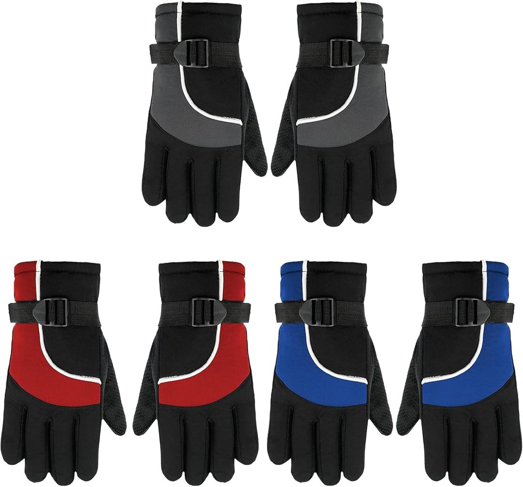 SATINIOR 3 Pairs Kids Waterproof Winter Gloves Warm Snow Ski Gloves Adjustable for Boy Girl Toddler Cold Weather (4-8 Years,Red, Blue, Gray)