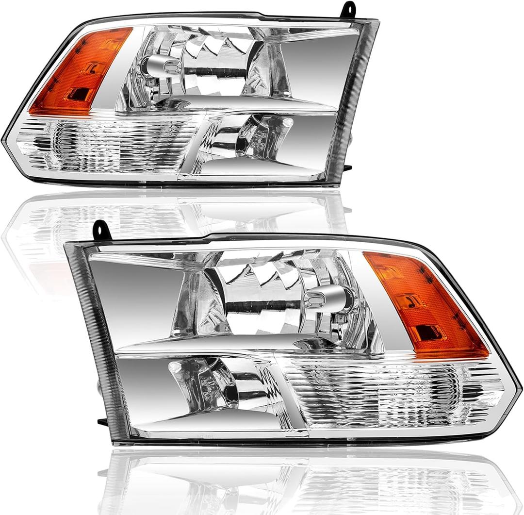 APSVE Headlight Assembly for 2009 2010 2011 2012 2013 2014 2015 2016 2017 2018 Dodge Ram 1500,10-18 Ram 2500 3500 Halogen Headlamp Dual Beam Model, Chrome Housing Amber Corner