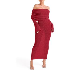 Saodimallsu Womens Off Shoulder Summer Maxi Dress Bell Long Sleeve Sexy Bodycon Strapless Sheer Beach Swimsuit Coverup (Medium, Red)