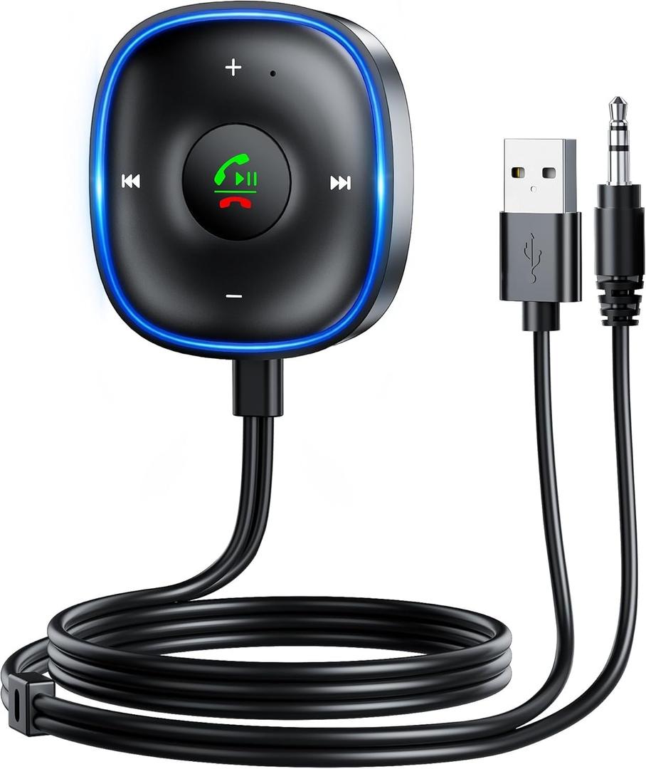 Bluetooth 5.3 Aux Car Adapter, SONRU Bluetooth Receiver for Car [Dual Connection & Mic Noise Cancellation], Aux Adapter with Plug-and-Play for Music/Hands-Free Calls/Stereo Audio