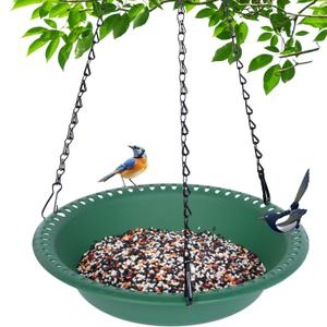 4 x Hanging Bird Feeder Tray with Drainage Holes for Outside Fit Most Seed, Rugged Recycled Plastic Feeding Station, Great for Attracting Wild Birds (12 inch, Green)
