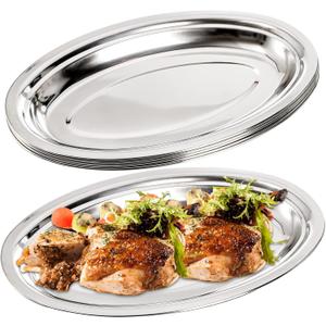 Suwimut 6 Pack Stainless Steel Oval Platter, Heavy Duty Mirror Polish Large Sizzling Platter Serving Tray Fish Plate for Steaming Fish Dessert Meat Sushi, 14-Inch by 8.7-Inch, Silver