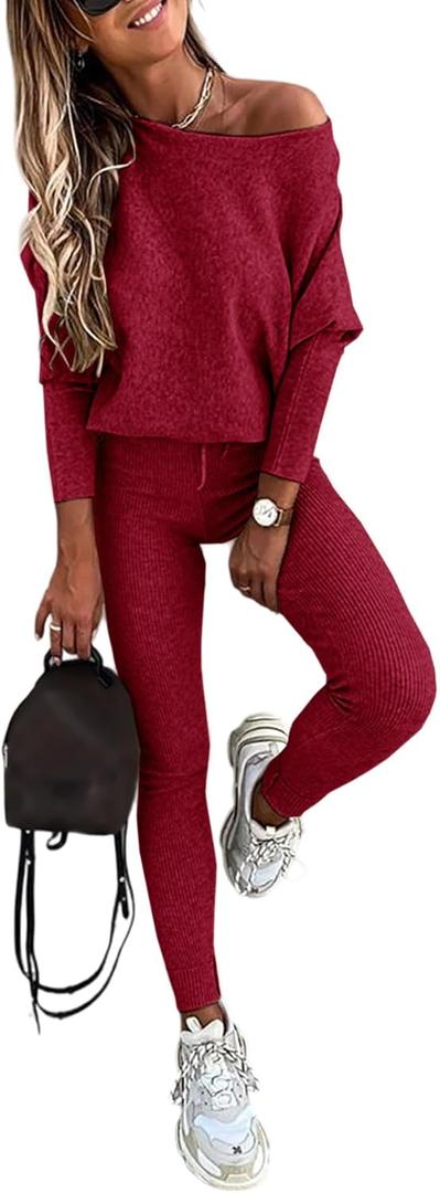 CHICME 2 Piece Lounge Outfit Long Sleeve Knit Pullover Tops Drawstring Pants Set Tracksuit Sweatsuit (Large, Wine Red)