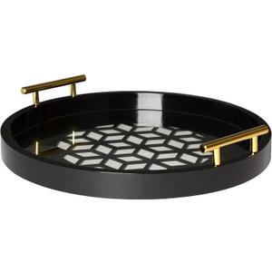 Kate and Laurel Caspen Round Cut Out Pattern Decorative Tray with Gold Metal Handles, Black (15.5")