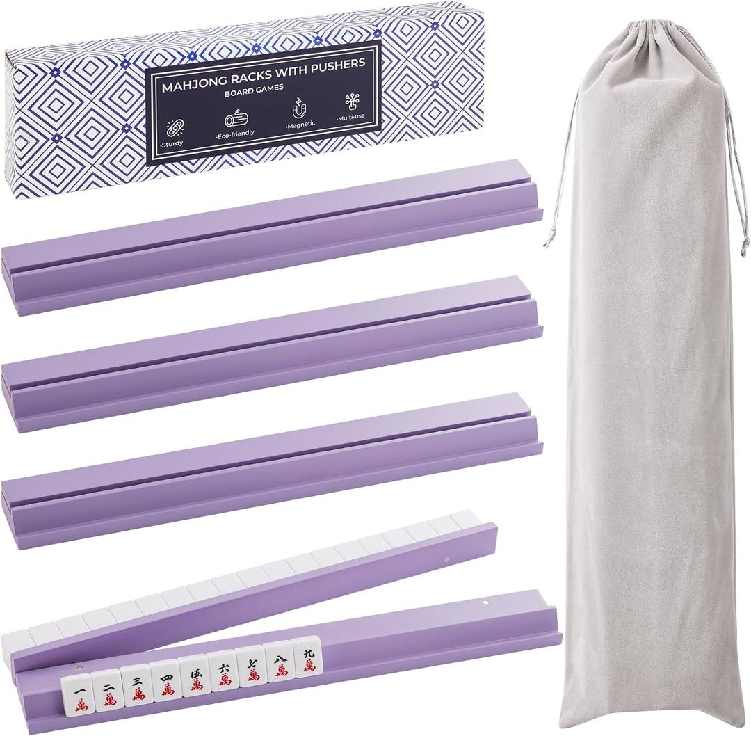 4PCS Wooden Mahjong Racks with Magnetic Pushers, 20 in Natural Wood American Mahjong Tile Rack Set, Modern Table Game Accessories for Mahjong Tiles (Lilac, 20 in)