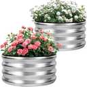 Permade Galvanized Raised Garden Bed- 2Pcs Metal Planter Boxes Outdoor | 12" Tall 24" Round Steel Raised Bed Kit & Fire Pit Ring for Gardening with Protective Tape for Vegetables, Flower (Sliver)