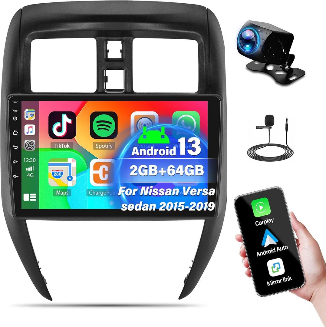 2G+64G Android 13 Car Stereo for Nissan Versa Sedan 2015-2019 Radio Wireless Carplay Android Auto, 10.1 Touchscreen Car Radio GPS Navigation/Mirror Link/Bluetooth/EQ/FM/RDS Radio + Backup Camera & Mic