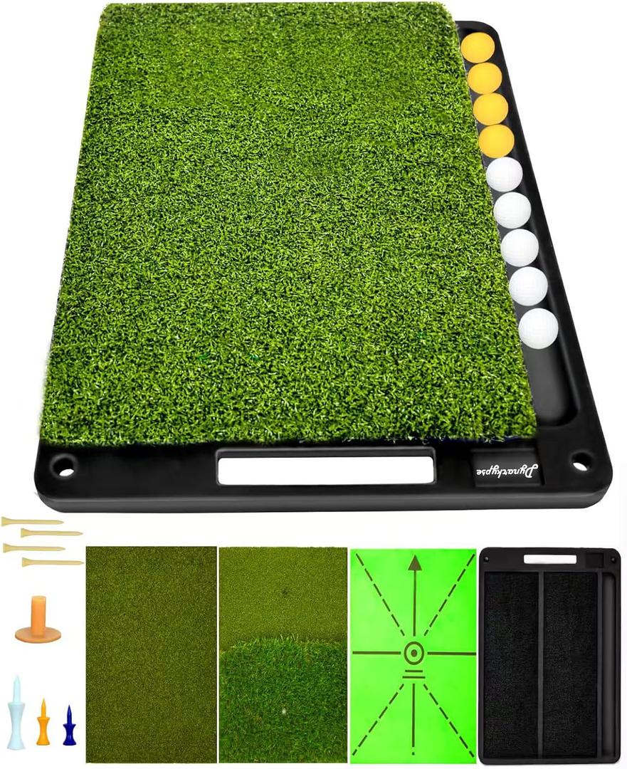 Golf Hitting Mats Outdoor Indoor,Golf Practice Mat with Instant Swing Path 3 Replaceable Golf Swing Training Mats Heavy Duty Non-Slip Rubber Base with Tees & Balls for Training, Driving, Chipping