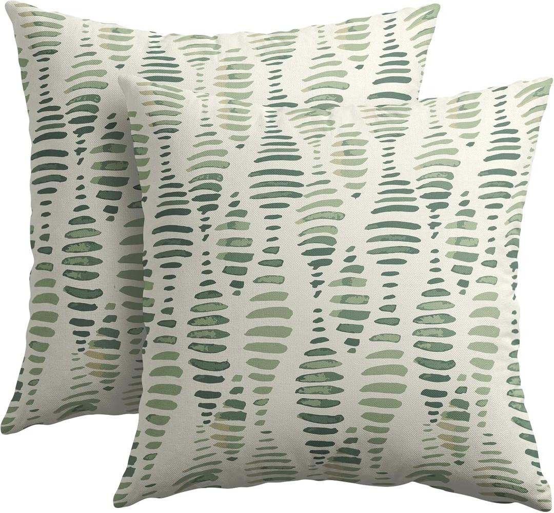 Boho Sage Green Pillow Covers 18x18 Set of 2 Beige Abstract Striped Print Pattern Rustic Decorative Outdoor Farmhouse Zipper Pillowcases Decorations Linen Throw Cushion Cover Decor for Couch Sofa Bed